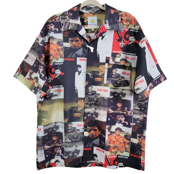 Chochie Causuals Mens Scarface Graphic Gun Shaped Buttons Short Sleeve Shirt L